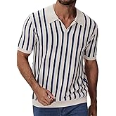 iWoo Men's Knit Polo Shirts Short Sleeve Casual Vintage Striped Golf Polo Classic Collared T Shirt