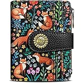 Kelvoris Cute Floral Fox Flowers Boho Small Rfid Women Wallet Bifold Zipper Coin Pocket PU Leather Compact Cash Credit Card Holder Travel Wallet for Female Ladies Teen Girls 1 ID Window 10 Card Slots