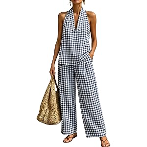 TBETNE Women's Summer Gingham 2 Piece Set Halter Neck Sleeveless Top High Waist Pants Casual Cotton Outfits with Pockets