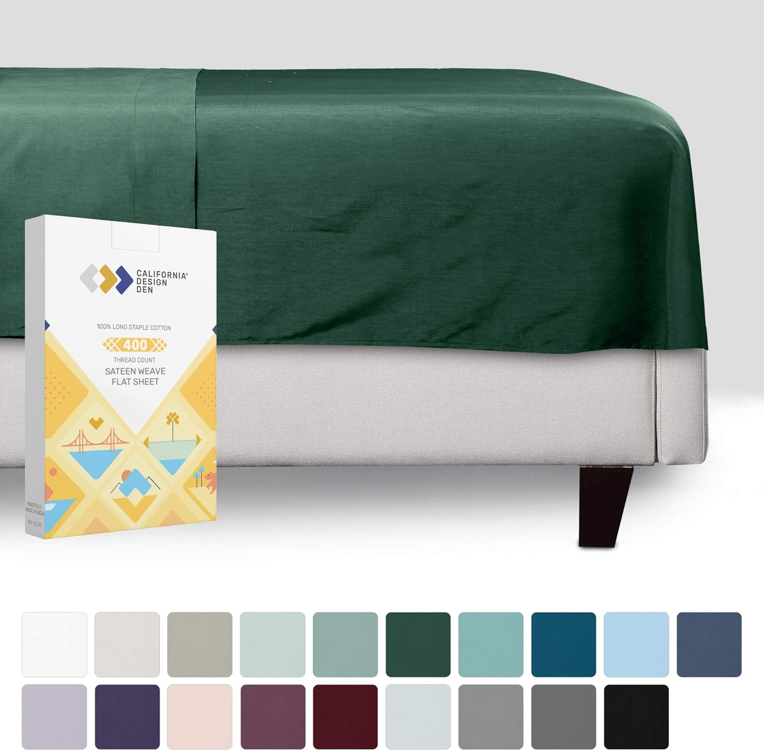 California Design Den Full Size Flat Sheet Only - 1 Piece Hunter Green Fade Resistant Top Sheet, Long Staple Cotton 400 Thread Count, Single Soft Sateen Weave Bedsheet: Home & Kitchen