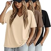 Huukeay 3 Pack Women's Oversized Cotton T-Shirts V Neck Loose Fit Casual Workout Tees Soft Short Sleeve Tops