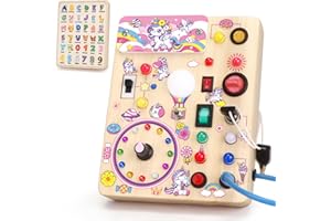 Iabedi Unicorn Busy Board, Montessori Wooden Toddler Toys, Sensory Travel Toys, Ideal Gift for 1+ Year Old Girls (Unicorn Busy Board Plus V2)