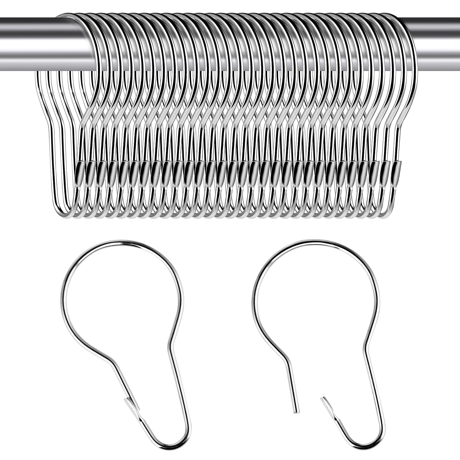 COMNICO 30PCS Shower Curtain Rings Stainless Steel Metal Rust Proof Decorative Hooks Loop Curtain Hangers Hanging Shower Clips for Bathroom Bedroom Kitchen Curtain Rods, Silver