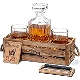 MIXOLOGY & CRAFT Whiskey Decanter Set – 10oz Crystal Whiskey Glasses, Wood Stand & 6 Granite Whiskey Stones | Premium Rocks Glasses Barware Gift for Any Occasion
