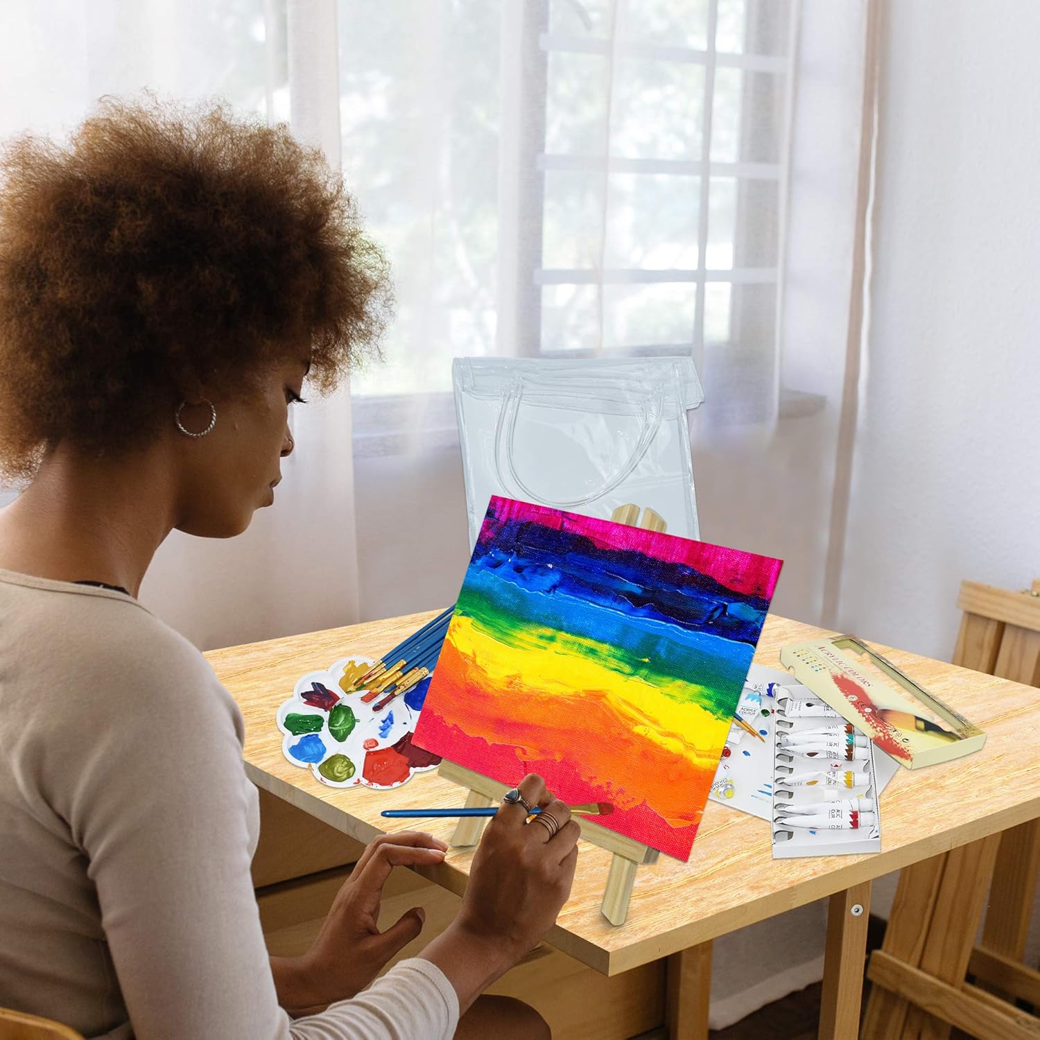 NIECHO Acrylic Painting Set for Kids/Beginners - 28 Piece Artist Paint Kit Supplies with Mini Table Easel,3 Canvases,10 Brushes,12 Paints,Palette and Carry Bag: Home Improvement