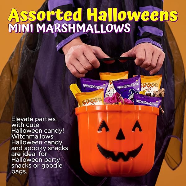 50 PACK ASSORTED HALLOWEENS MINI MARSHMALLOWS INDIVIDUALLY WRAPPED, WITCHMALLOW & SPOOK POOF, VANILLA FLAVORED, HALLOWEENS THEMED SNACKS BULK, KIDS FUN HALLOWEEN CANDY BULK FOR TRICK OR TREAT