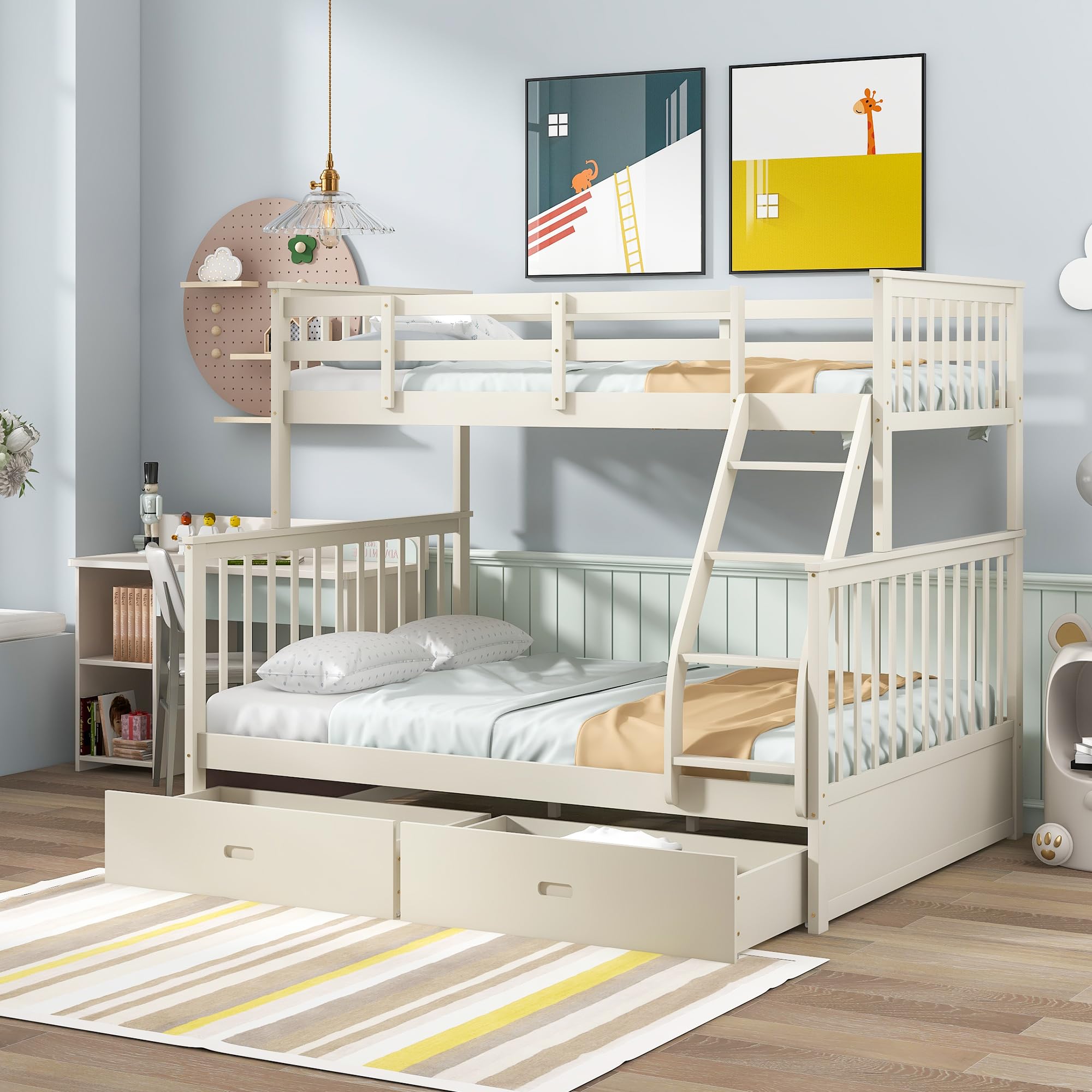 Photo 1 of ************PARTIAL ITEM, THIS IS ONLY 1 BOX IN A MULTI BOX SET*****************
KEIKI Twin Over Full Bunk Bed with Storage Drawers, Solid Wood Detachable Bunk Bed with Ladder & Guardrails, Convertible to 2 Separated Beds with 2 Spacious Drawers, Cream