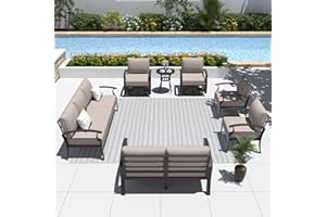 ALAULM Aluminum Patio Furniture Set with 2 Swivel Rocking Sofas 9-seat Metal Outdoor Furniture Patio Conversation Set w/5.1" Cushions for Patio, Backyard, Poolside-Sand