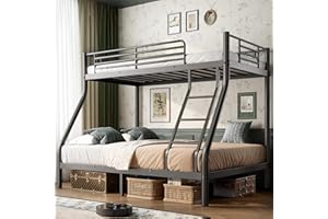 Cyranture Bunk Beds Twin Over Full Size, Heavy Duty Bunk Beds with Bottom Space & Guardrail Metal Bunk Bed Frame for Adults Dorm Bedroom Guest Room, No Box Spring Needed（Upgrate Black）