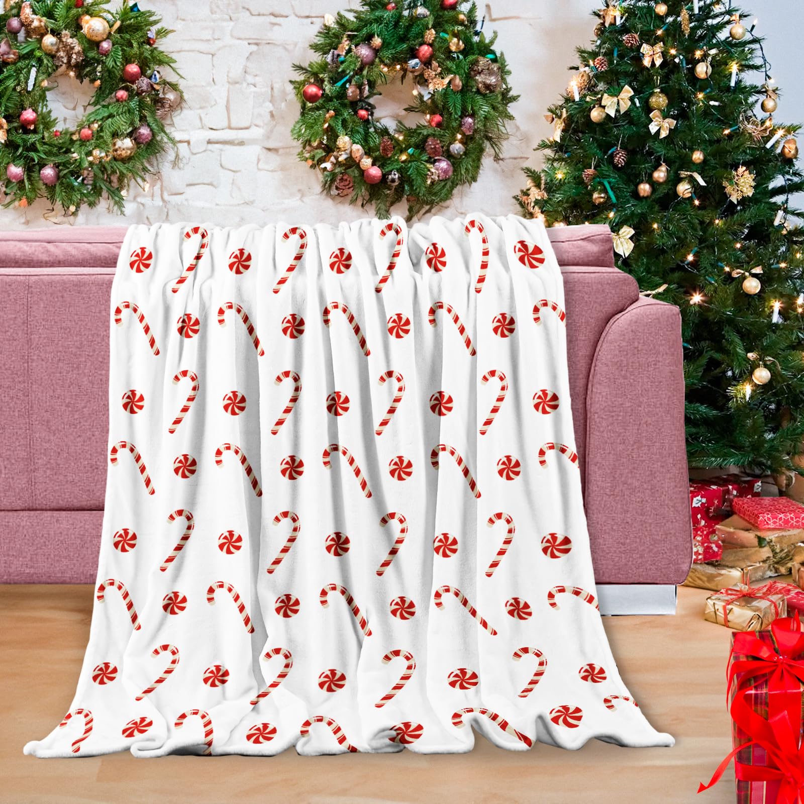 Christmas Candy Throws Blankets, Elegant Comfort Christmas Prints Flannel Blanket, Luxury Super Soft Holiday Theme Home Décor Warm and Cozy Throws for Winter Bedding Couch and Xmas Gift, 50x60 Inch