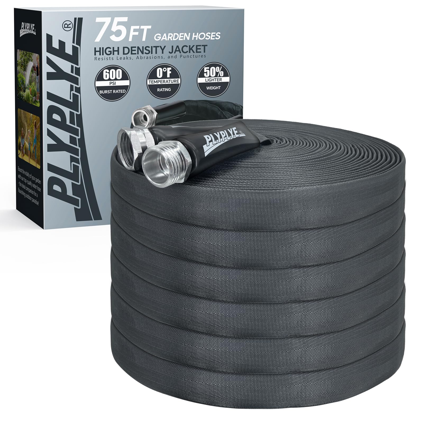 Photo 1 of 75ft Non-Expanding Garden Hose – Ultra-Light, Kink-Free, High-Pressure, Abrasion-Resistant, Durable, All-Weather, Eco-Friendly, Black&Gray