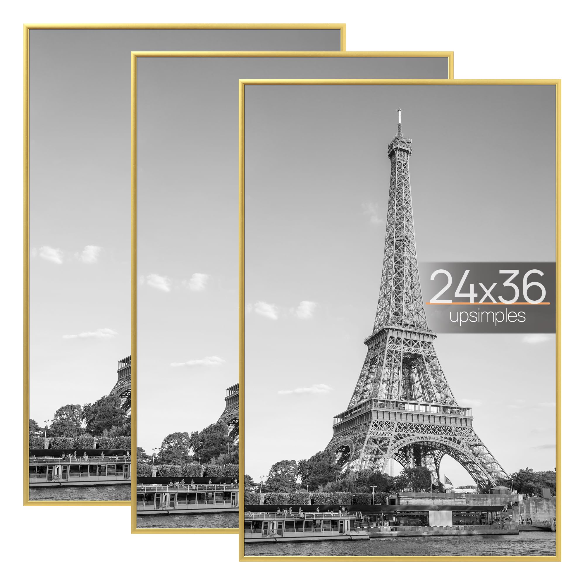 Photo 1 of upsimples 24x36 Poster Frame Gold 3 Pack, Scratch-Proof Picture Frames 24 x 36 for Photo Gallery - Slide-In Strips, Horizontal or Vertical Wall Mounting