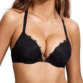 DOBREVA Women's Push Up Racerback Bra Front Closure Lace Halter Plunge Bras Padded Full Coverage Underwire