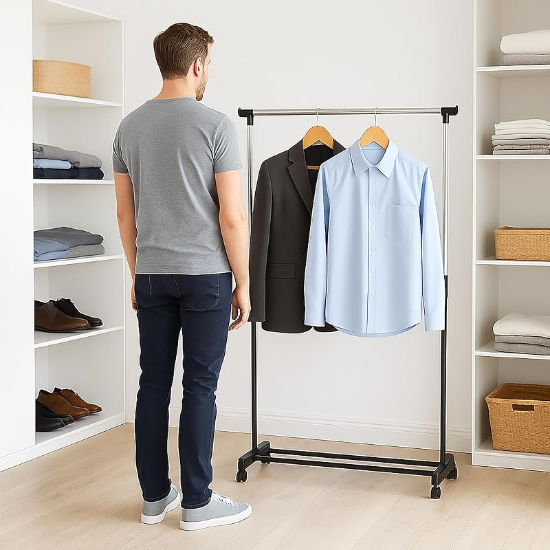 Cabide, ajustável de 90 a 158 cm, com rodas, prateleira, até 15 kg, suporte de roupa, prateado/preto