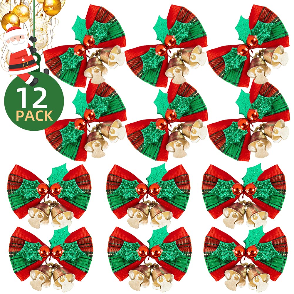 AOBETAK Small Christmas Bows With Bells For Decorations And Craft, 12 Pcs Mini Xmas Bow Set For Tree Wreath Garland Gift Decor Christmas Party Ornaments New Year Festival, Red And Green,5x4cm