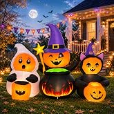 7FT Halloween Inflatables Pumpkin Character Trio, Outdoor Yard Decorations | with Lighted Ghost, Witch & Black Cat, Cute Blow Up Halloween Yard Decor for Lawn, Porch, Garden, Parties & Trick-or-Treat
