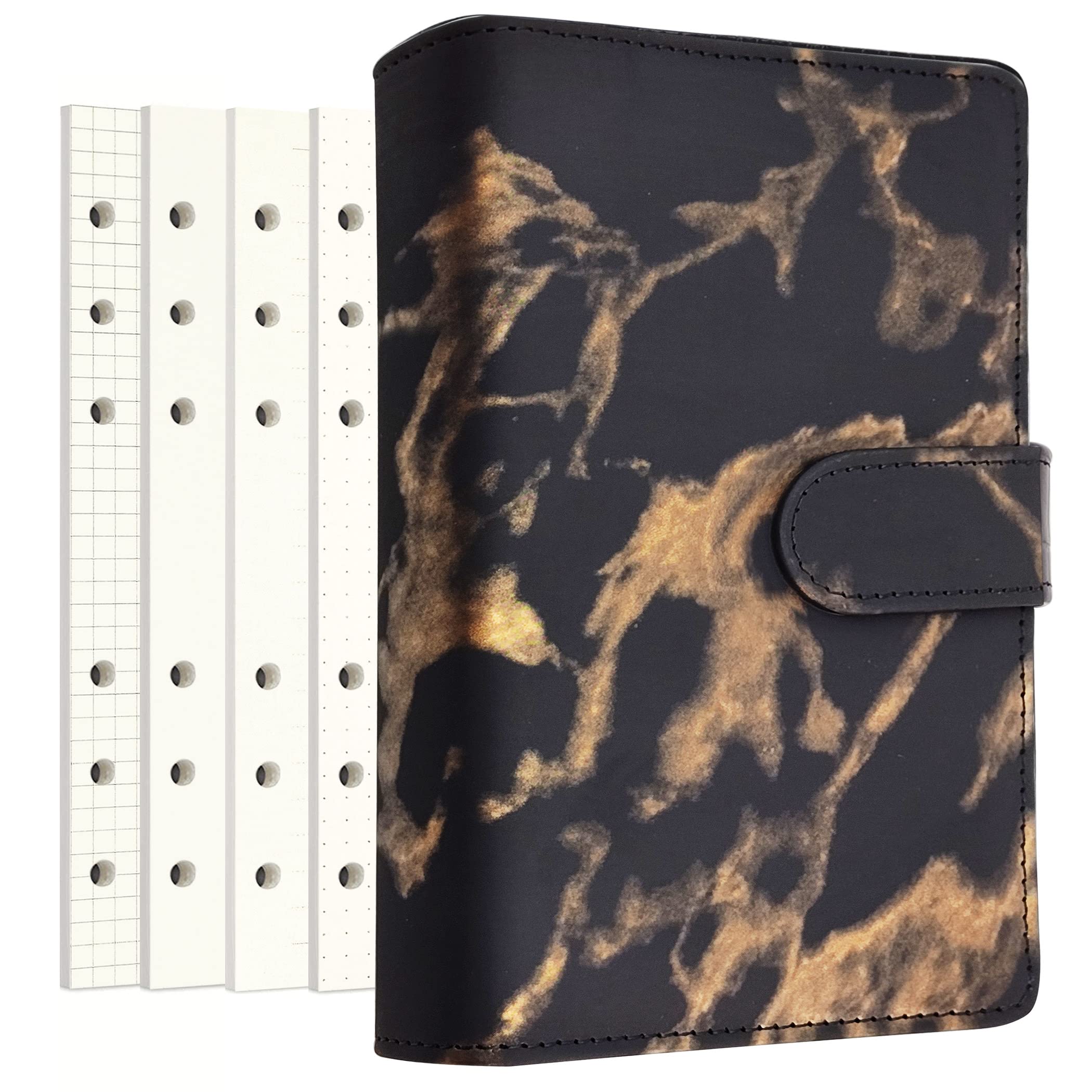 PU Leather Personal Notebook Planner with 80 Pages Loose-Leaf Papers 6 Holes Ring Binder Pen Holder Magnetic Buckle (Black Marble,A6 Mini)
