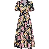 dowerme Womens Summer Dresses 2026 Casual Puff Short Sleeve V Neck Floral Boho Tiered Ruffle Maxi Dress with Pockets