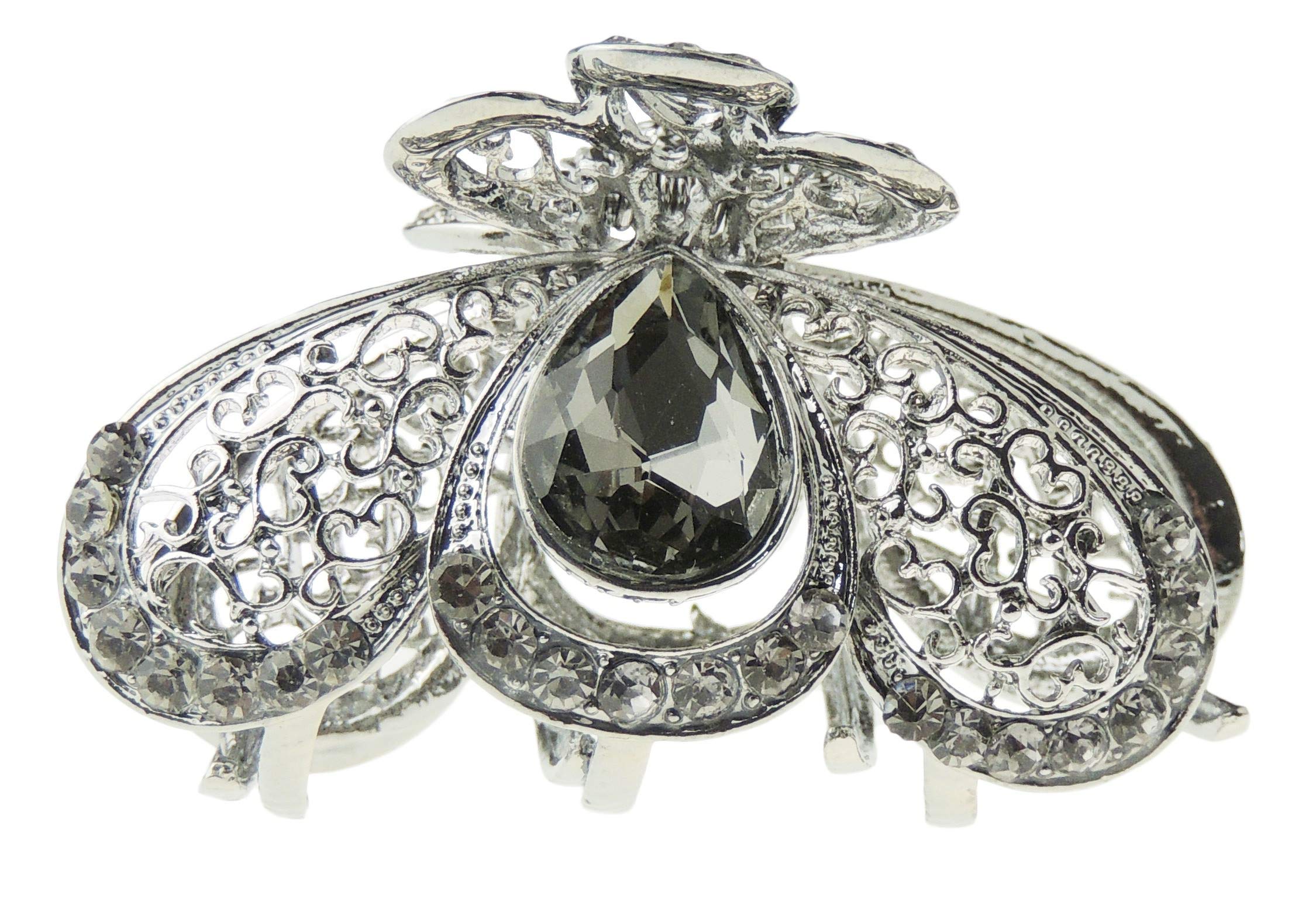 Womens Girls Crystal Rhinestone Diamante Bridal Wedding Guest Party Birthday Hair Accessories Bulldog Crab Octopus Styling Hair Claw Clamp Clip Small Dark Grey Metal Peacock Feather (Grey)