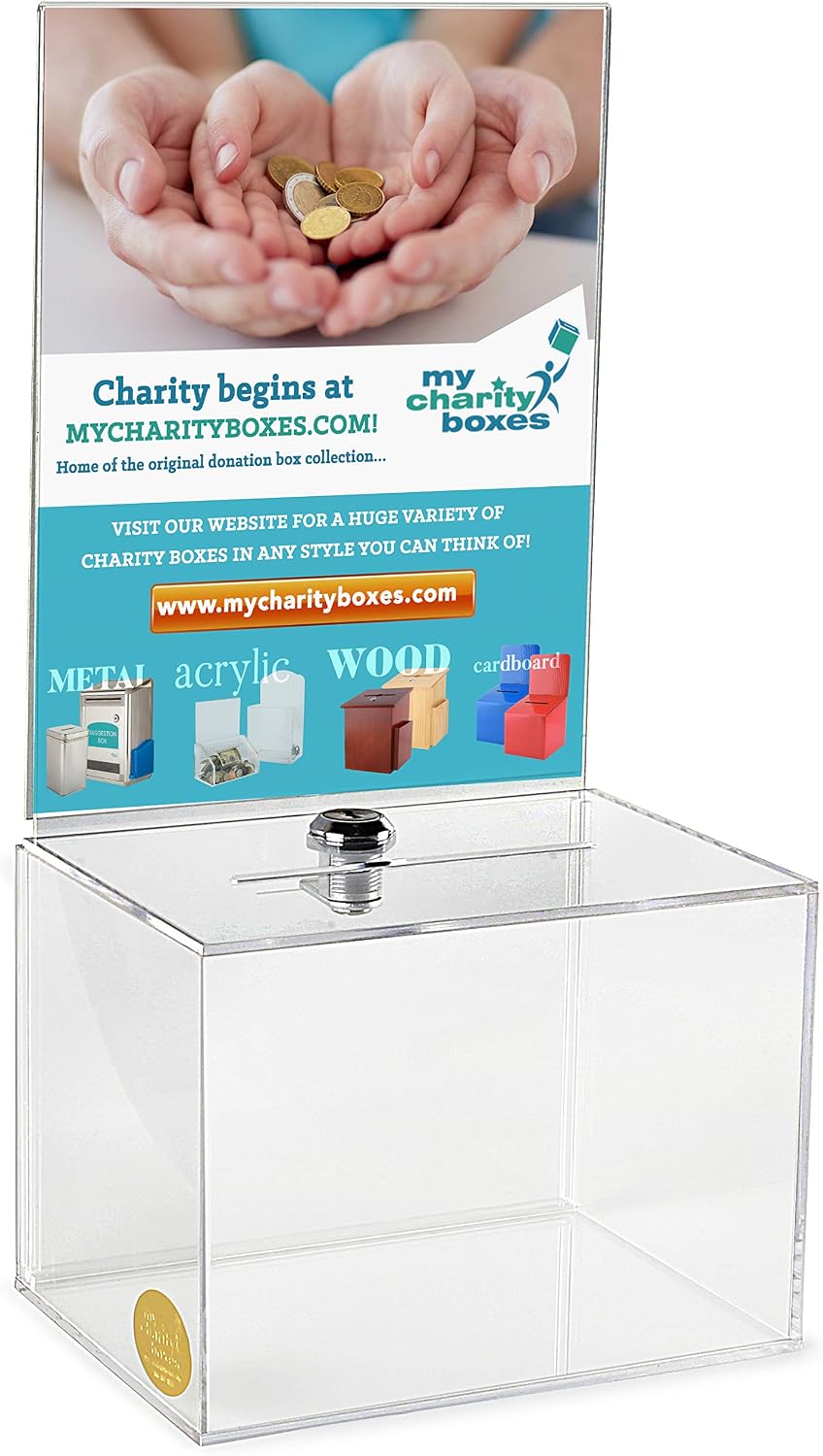 Acrylic Charity Donation Ballot Box Fundraising Coin Collection Tip Box 6.5" x 5" x 5" Office Suggestion Box Piggy Bank Ticket Box with Large 8.5" x 6.5" Display Area with Lock and Keys