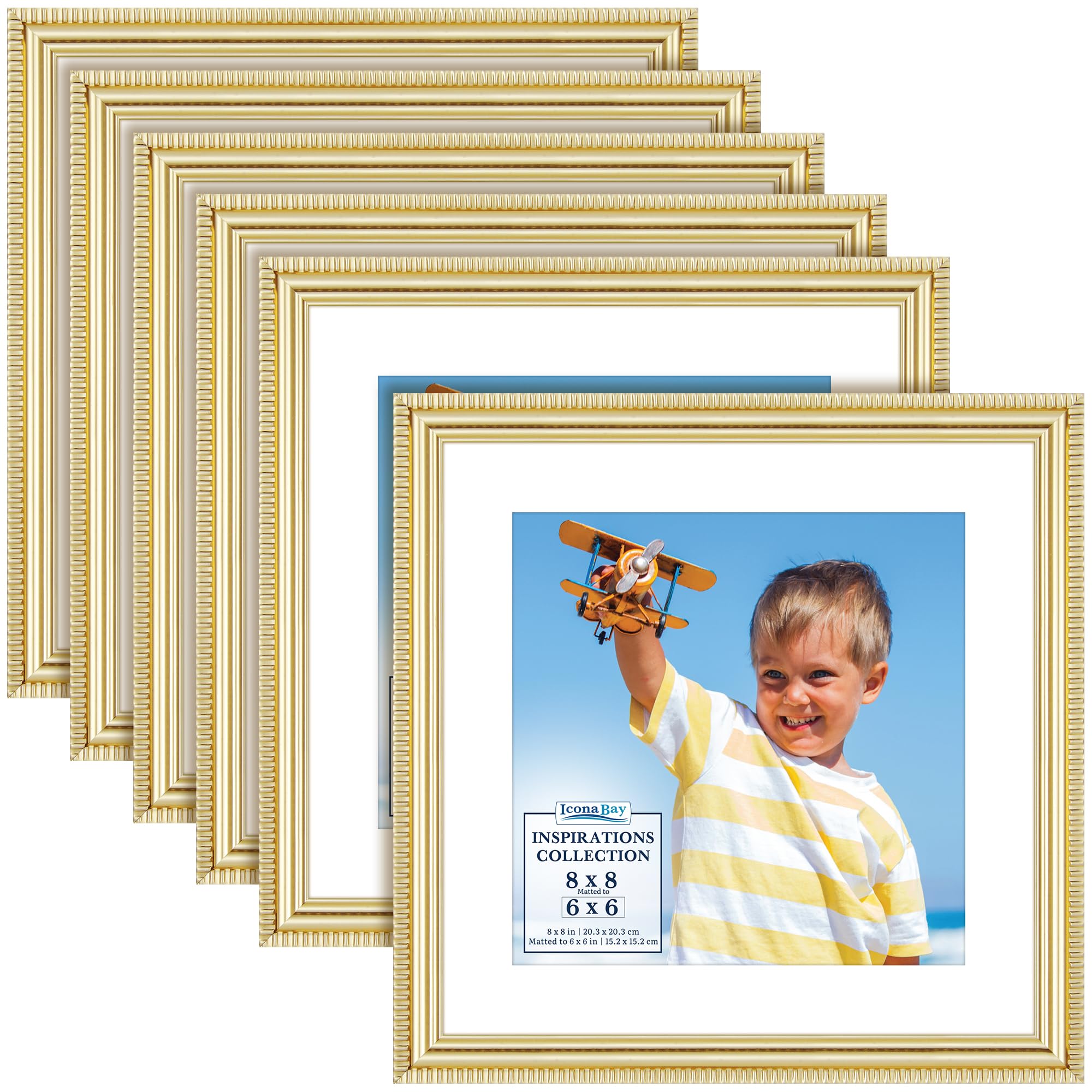 Icona Bay - 8x8 Picture Frames with Removable Mat for 6x6 Photos - Gold, 6 Pack - Beautifully Detailed Molding - Contemporary Picture Frames - Wall Mount or Table Top - Inspirations Collection