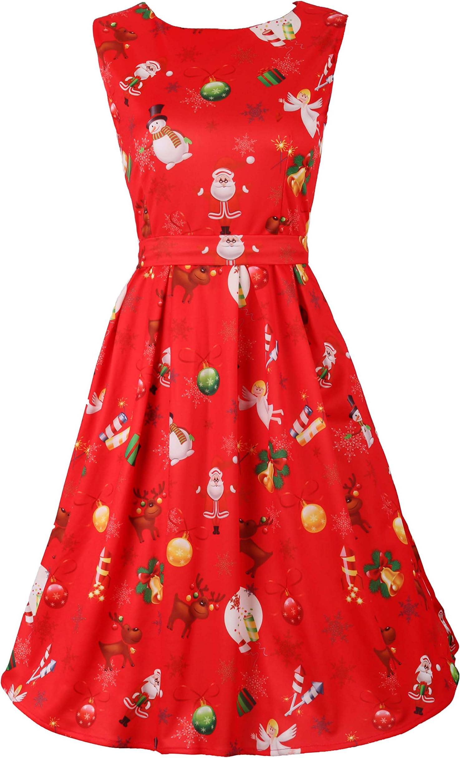 DREAGAL Women Sleeveless Fit and Flare Christmas Party Cocktail Dress with Belt