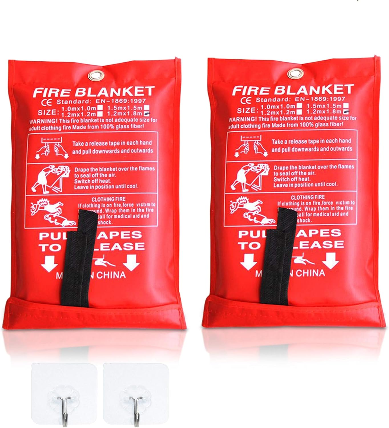 2 Pack FIRE BLANKET - Made of Fiberglass | Fire Safety Preparation | Fire Suppression Blankets for the Kitchen & BBQ, Emergency Survival Gear | 39 x 39 inch | Industrial Grade | 2 Free Hanging Devices