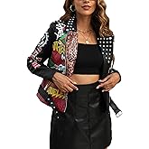 Bellivera Faux Leather Jacket for Women Studded Rivet Floral Moto Biker Short Lapel Coat