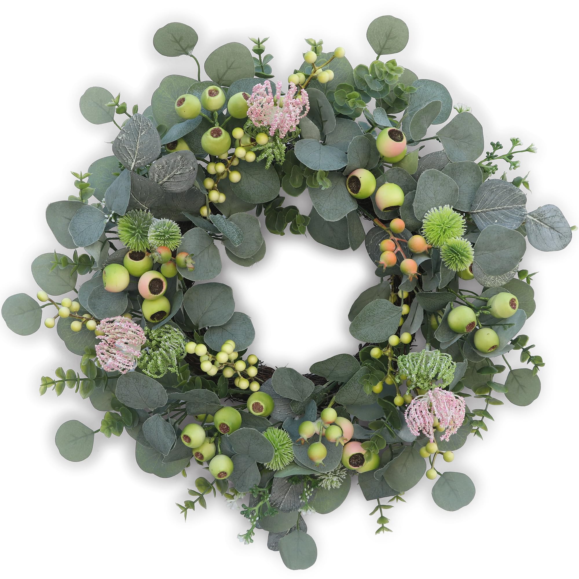 Photo 1 of (USED/FAIR) Wreath for Front Door 20 Inch Spring Summer Eucalyptus Wreath, with Handmade Large Berries, Small Berry Clusters, Boxwood Leaves for Farmhouse, Outdoor, Porch, Wall Window Decor All Year Round