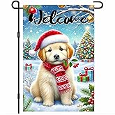 BlissYard Welcome Winter Garden Flag 12x18 Inch Golden Retriever Puppy Yard Flag Double Sided Outdoor Holiday Seasonal Christmas Dog Banner for Porch Lawn Patio