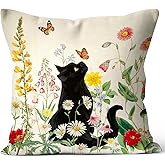 Fall Black Cat Flowers Art Home Decorations Outdoor Sofa Throw Pillow Cover 18x18 Inch for Pet Cat Lovers Friends Women, Housewarming Gifts for New Home