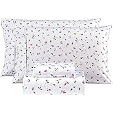 Mooreeke Queen Sheets Set - 4 Pieces Soft Breathable Microfiber Bed Sheet Set - Pink Flower Green Leaf Pattern Sheet Set - Deep Pocket Non-Slip Floral Printed Fitted Sheet Included for All Season