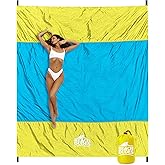 BEACH DUDES "Sunny Day Oversized Beach Blanket - 108"x84" XL Sandproof Water-Resistant Picnic Mat | Lightweight Ripstop Nylon for Travel & Camping | Includes 4 Stakes and Carry Bag
