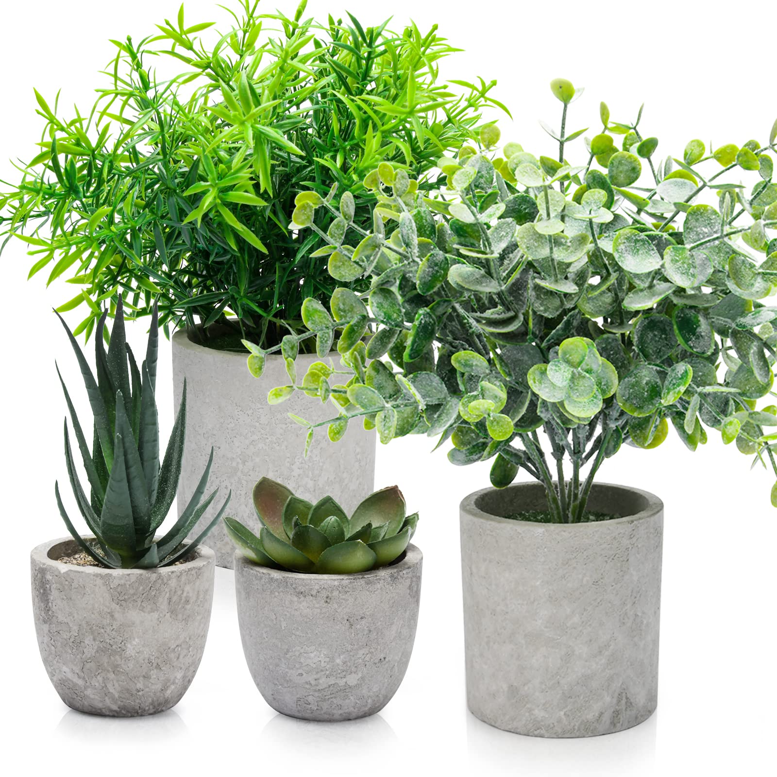 Elecoutek 4 Set Artificial Plants Indoors in Pots, Plastic Fake Plants Potted, Eucalyptus, Rosemary, Small Succulents Faux Plants for Office Desk Bedroom Kitchen House Decoration