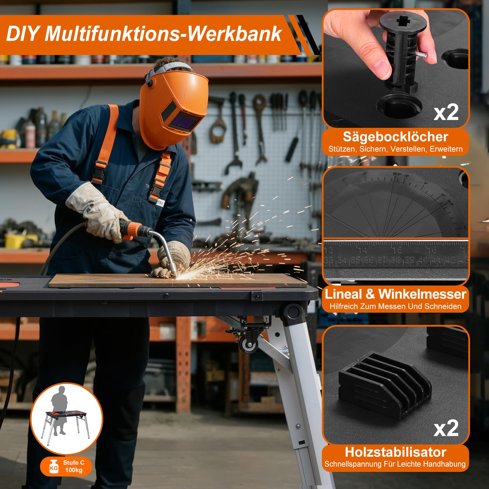TLGREEN 7 in1 Klappbare Werkbank höhenverstellbar,Tragbare Werkbank Mobil,Arbeitstisch Klappbar,100-200kg Tragkraft,Multifunktionstisch mit 4 pcs Rollen,Werktisch Spanntisch für Werkstatt,Haus,Büro 5