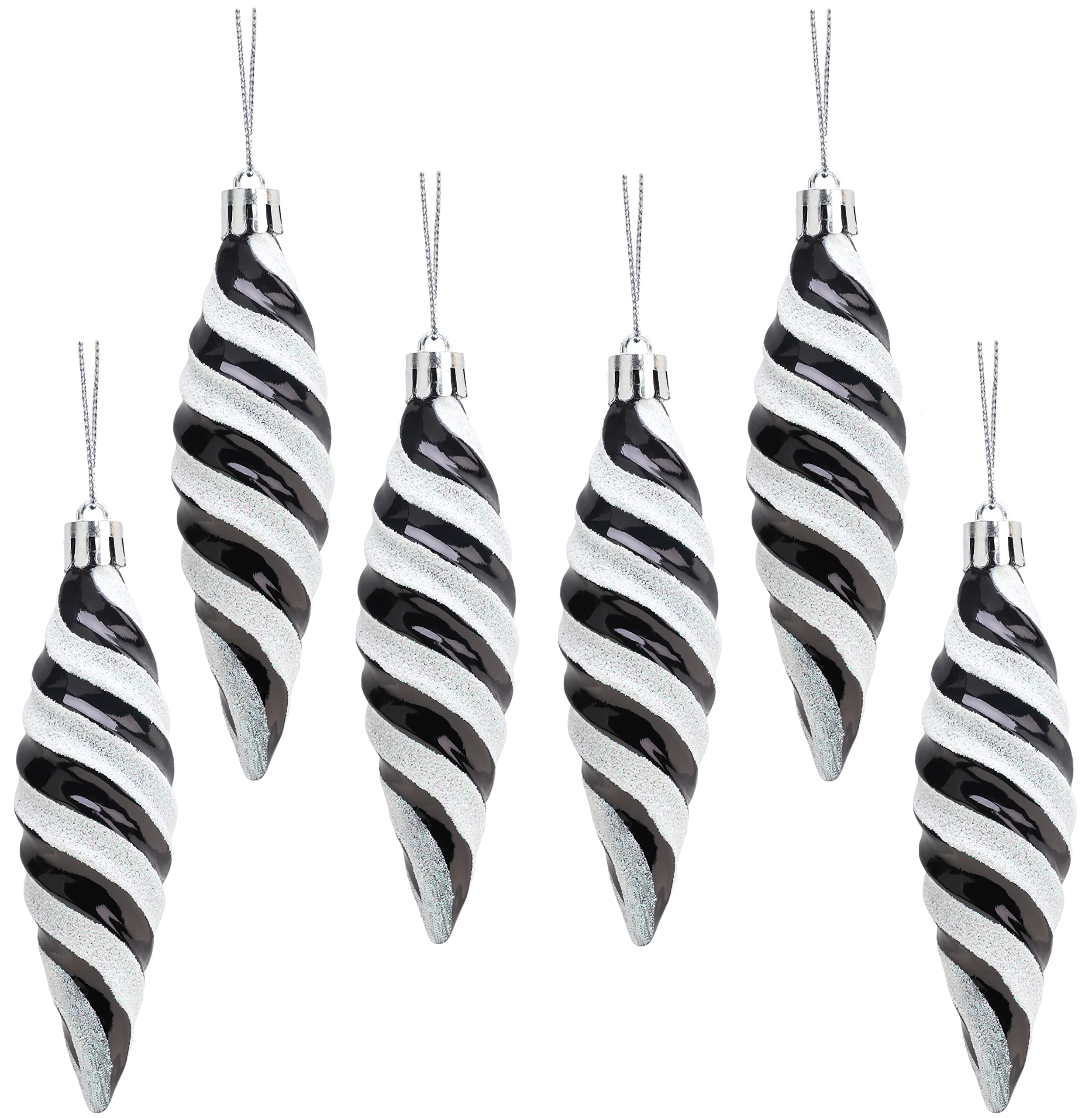 Christmas Concepts® Pack of 6-110mm Large Spiral Shaped Baubles - Shiny & Glitter Decorated - Christmas Tree Decorations (Black)