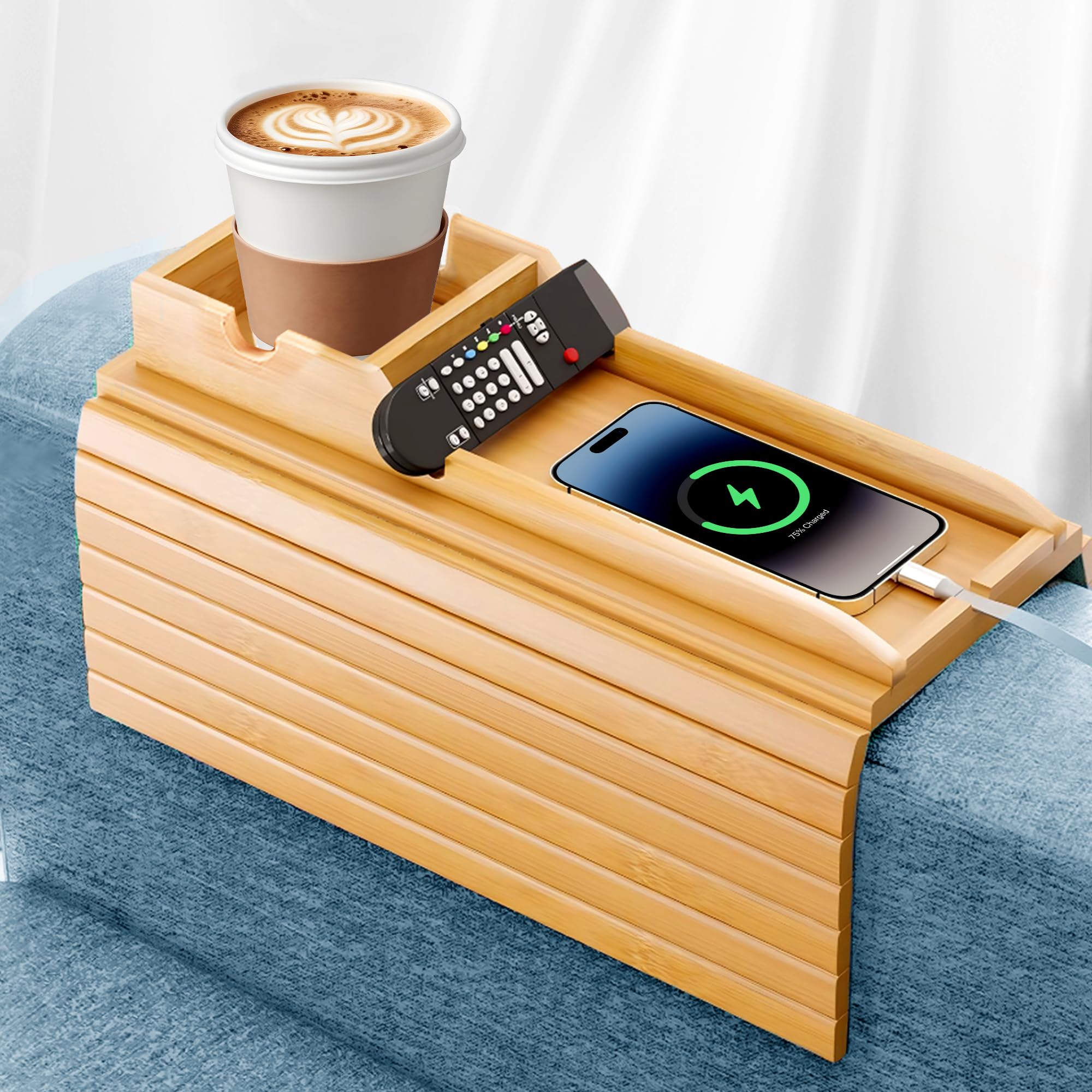Photo 1 of Adjustable Bamboo Sofa Cup Holder (Fits 4.5” to 14” Arms) - Foldable Non-Slip Couch Caddy with Cup Holder Drink Organizer - 2 in 1 Sofa Armchair Caddy Table for Drinks Cellphone TV Remote Snacks