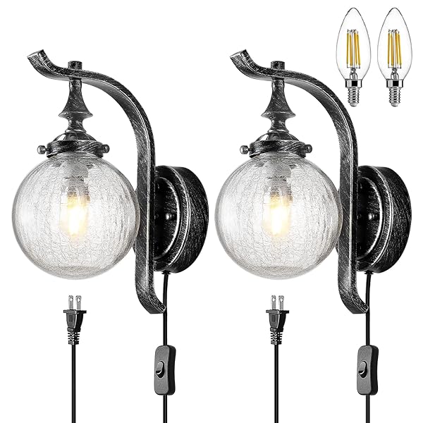 MGCANYU GLOBE GLASS WALL SCONCE SET OF 2, FARMHOUSE VINTAGE PLUG IN WALL LIGHT FIXTURES RUSTIC INDUSTRIAL WALL LIGHTS FOR BEDROOM BATHROOM HALLWAY
