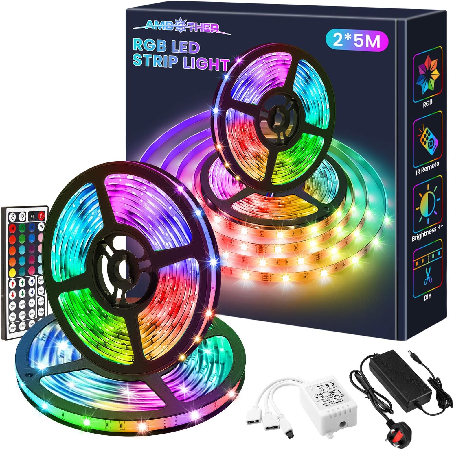 AMBOTHER LED Strips Lights, 10m RGB Light Strip Kit with 44-Keys IR Remote Control, SMD 5050 Colour Changing Rope Lights for Kitchen Garden Home Party Decoration, 2pcs x 5m