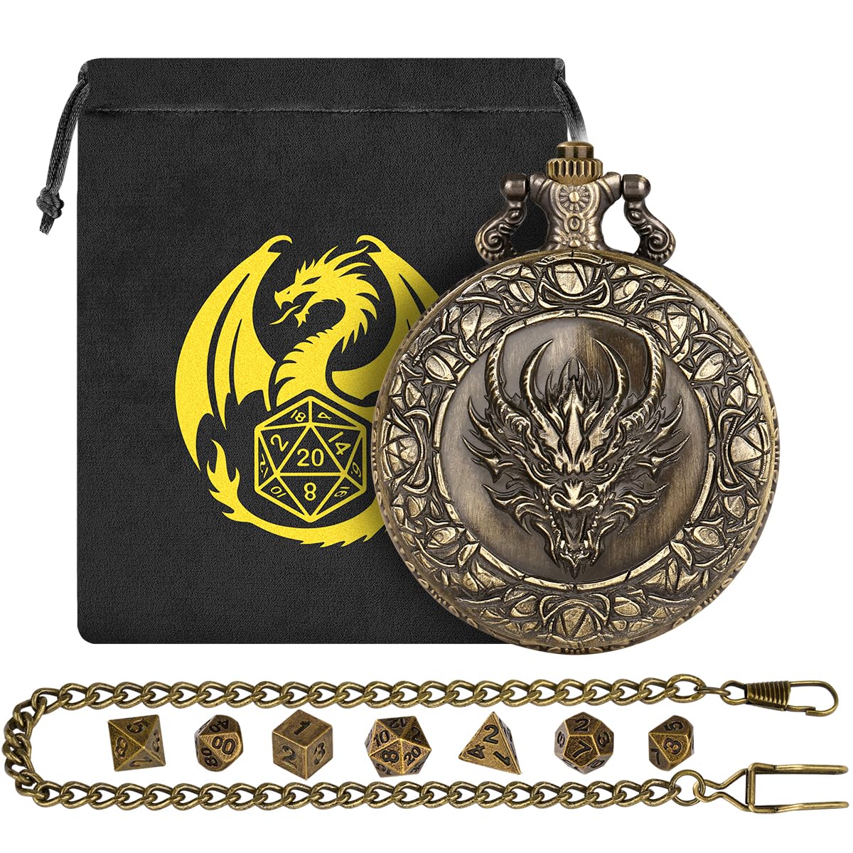 Mini DND Dice Set, with Steampunk Dragon Head Pocket Watch Shell Case, 7-Piece Polyhedral Metal D&D Dice, DND Gift Bag with Dragon Logo, RPG, MTG, Role Play Board Game Accessories, Bronze