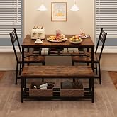 Garvee Dining Table Set for 4 with Bench and Chairs, 4-Piece Kitchen Table Set with Storage &ndash; Space-Saving Dining Table for Apartments and Dining Rooms, Brown