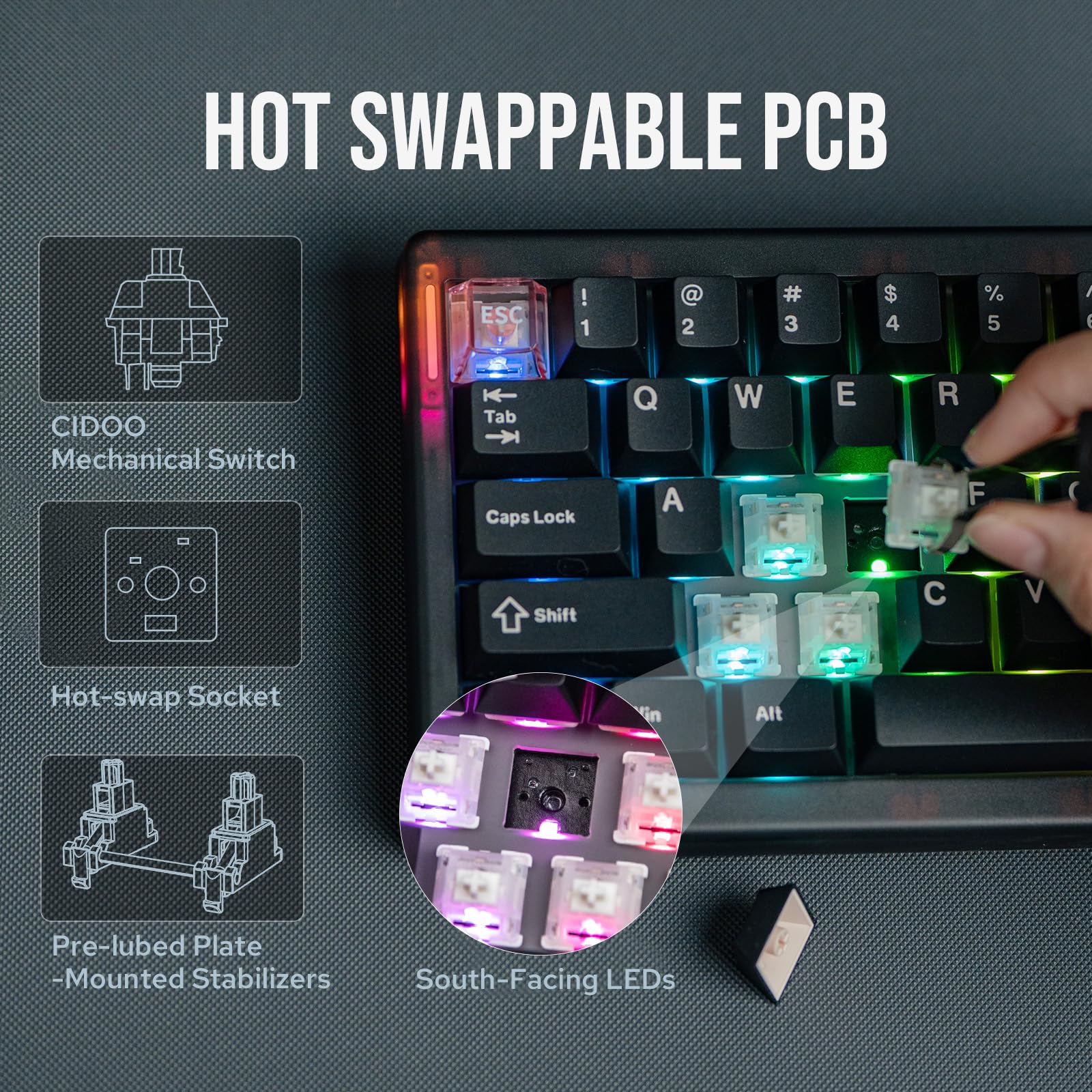 MechLands CIDOO QK61 V2 VIA Programmable 60% Compact Keyboard, USB-C/BT5.0/2.4Ghz Wireless, Hot Swappable Custom Mechanical Keyboard with Gasket Mounted, PC Plate, 3000mAh Battery for Win/Mac (Black)