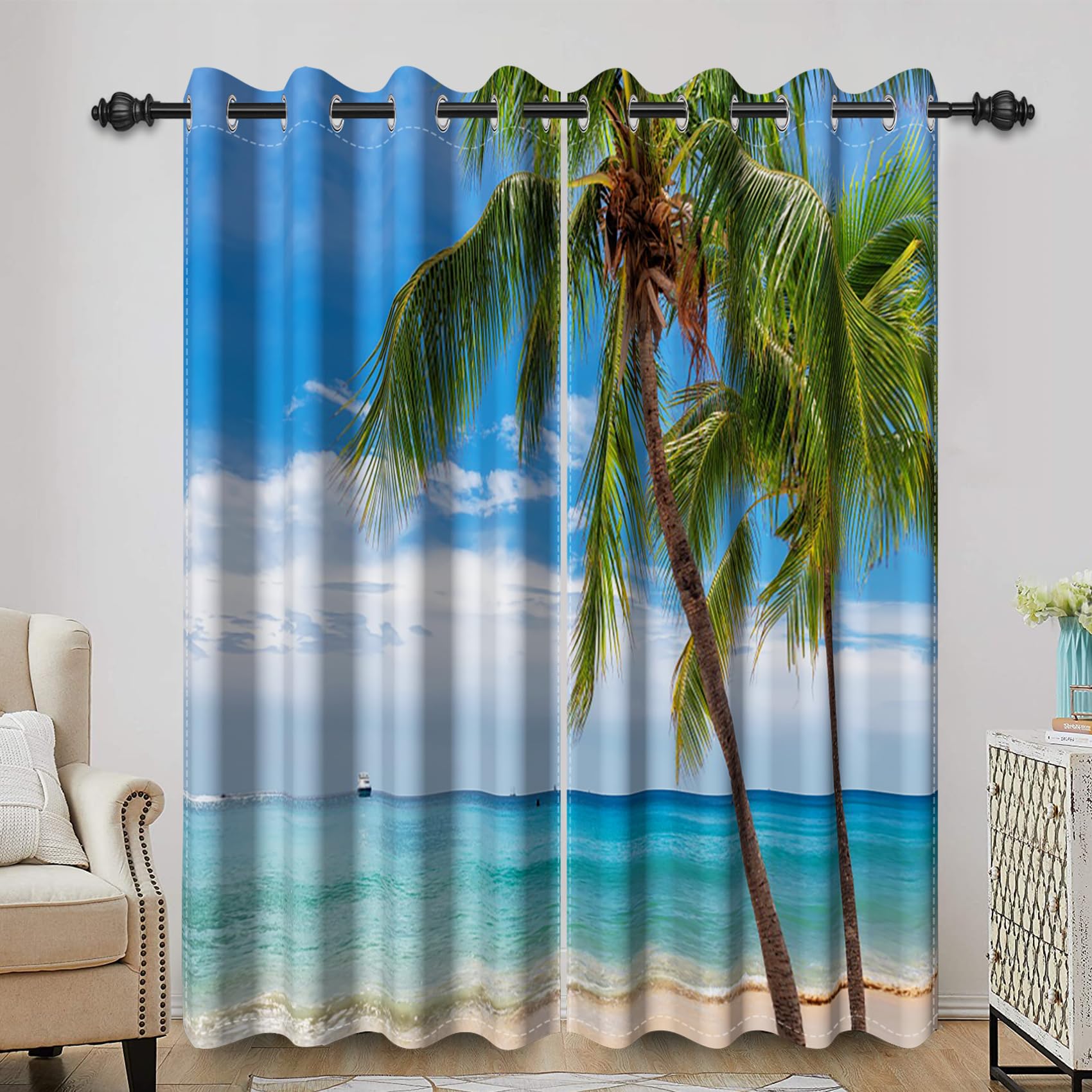 Bovlleetd Tropical Beach Scenery Window Curtain Blue Sky Palm Tree Summer Ocean Seascape Eyelet Curtains for Bedroom Thermal Insulated Room Darkening Curtains with Grommets set 2 Panels 46Wx54H