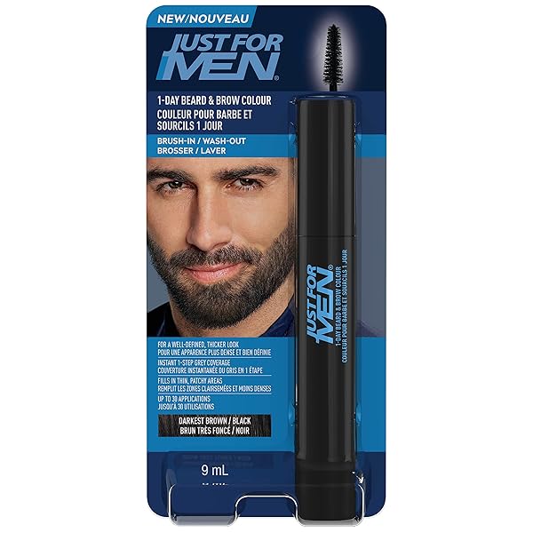 JUST FOR MEN 1-DAY BEARD & BROW COLOR, TEMPORARY COLOR FOR BEARD AND EYEBROWS, FOR A FULLER, WELL-DEFINED LOOK, UP TO 30 APPLICATIONS, DARKEST BROWN/BLACK