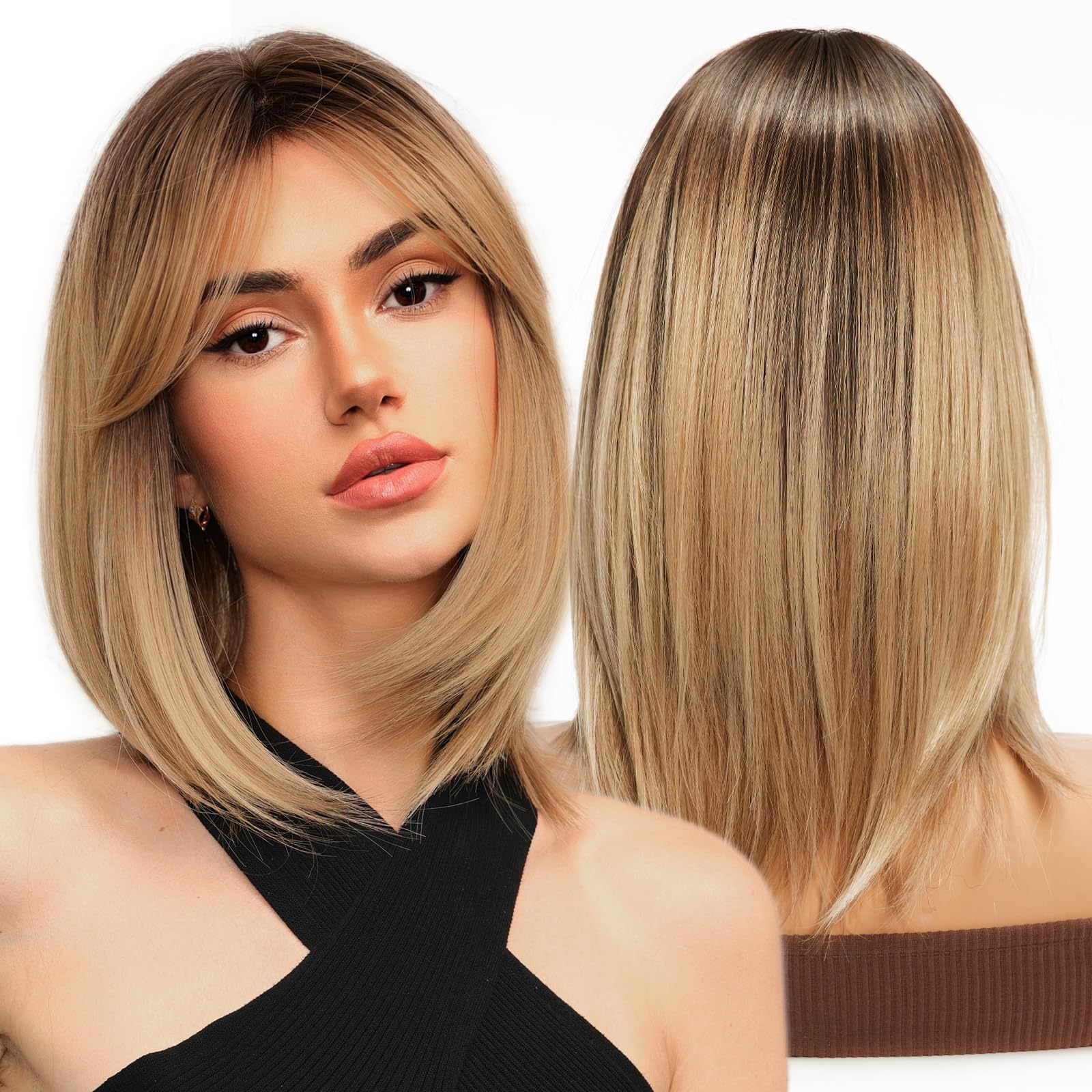 WOKESTAR Bob Wig with Fringe Short Blonde Color Wigs for Women, Bob Style Synthetic Heat Resistant Bob Wigs — image 1