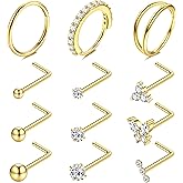 Besteel 14K Gold Plated Nose Rings for Women - Hypoallergenic Surgical Steel Nose Ring Hoops 20G CZ Screw L Shaped Nose Studs Nose Piercings Jewelry for Women Men