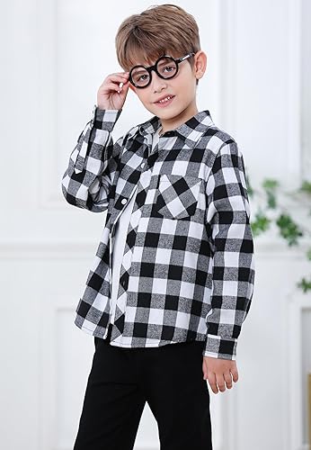 Boys Flannel Shirt Long Sleeve Button Down Plaid Shirt Black White