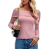 DCCISU Women’s Off Shoulder Long Sleeve Ribbed Tops Fitted Basic Shirts Soft Stretch Slim Going Out Tops