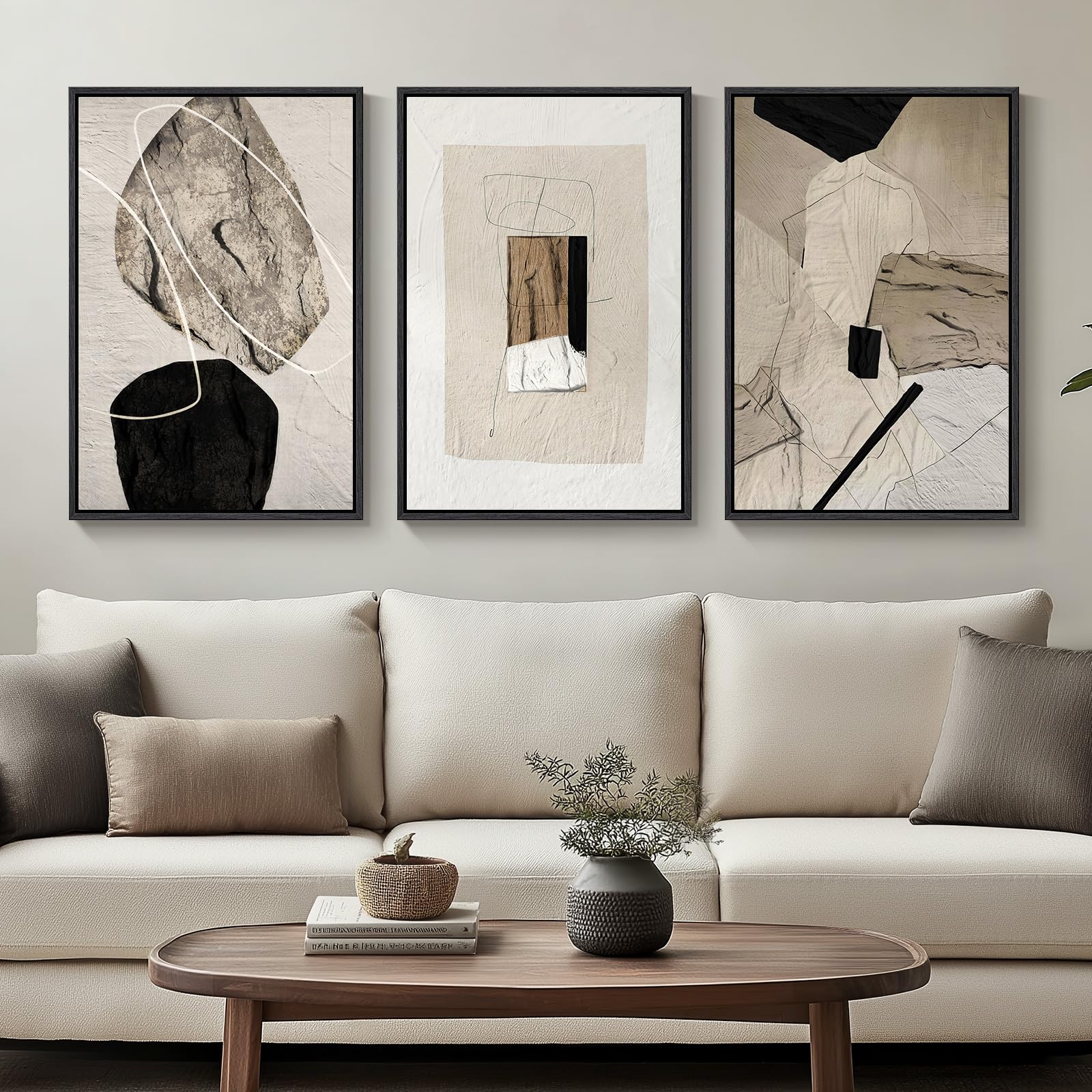 Framed Neutral Abstract Wall Art, Set of 3 Modern Canvas Prints ...