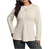BEAUDRM Women's Plus Size Fuzzy Sweater Side Slit Crew Neck Long Sleeve Knit Old Money Pullover Jumper Tops